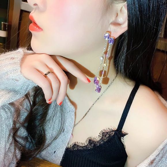 Purple Square Crystal Tassel Drop earrings - Picture 3 of 4